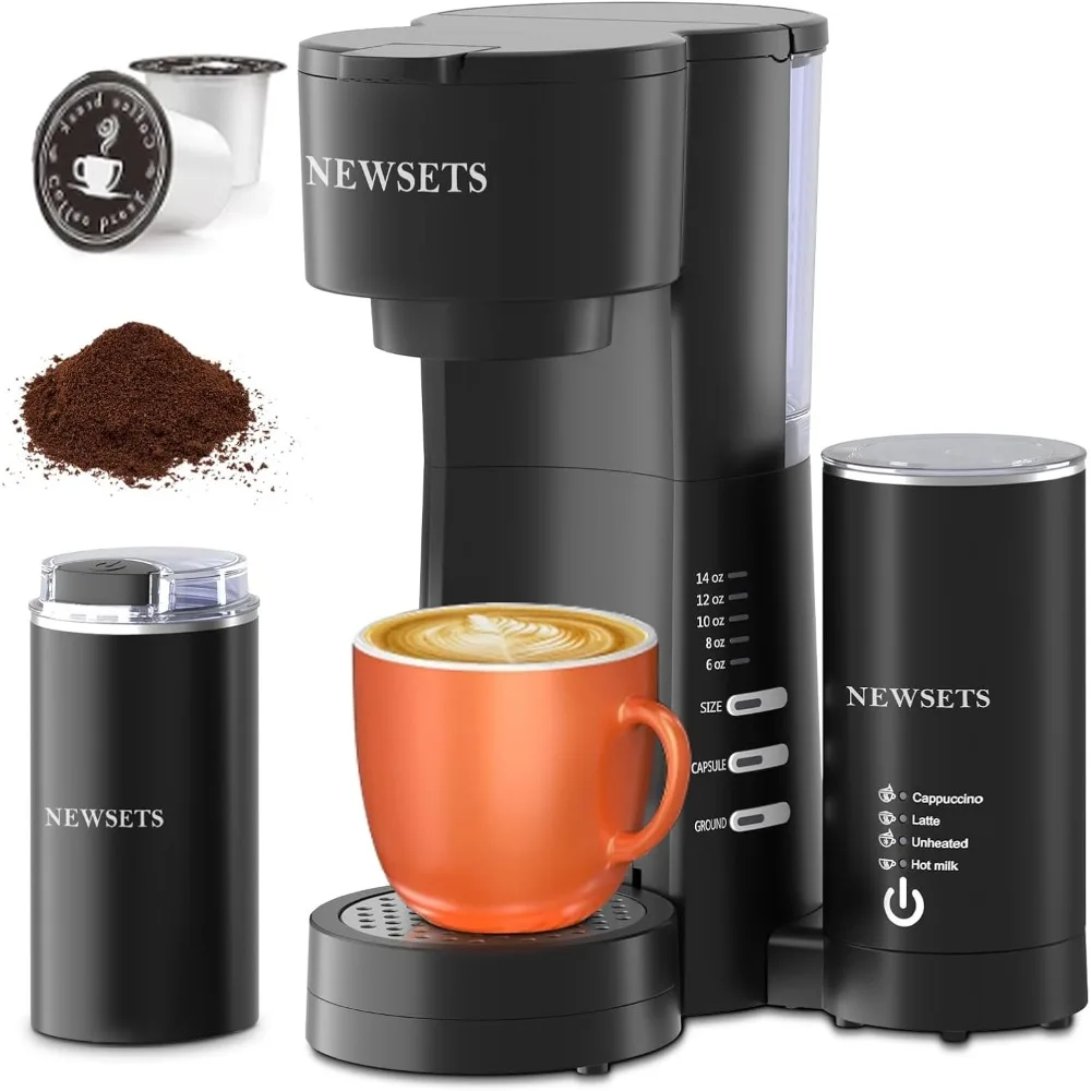 Single Serve Coffee Maker for K Cups and Ground Coffee, 4 in 1 Coffee Machine with Grinder and Milk Frother, 6 to 14oz B