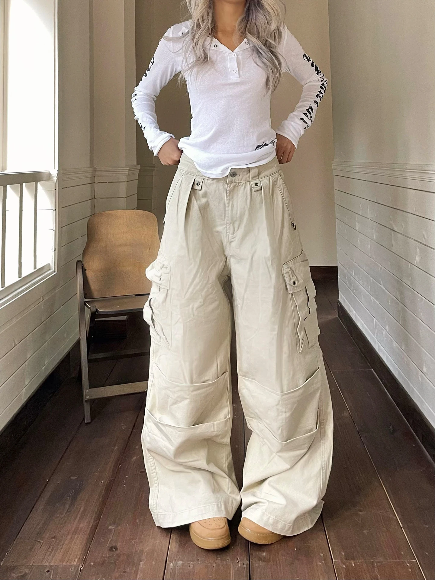 

YAMMYUKI American Retro Multi-ket Work Pants Men's Women's Casual Drapey Loose Versatile Casual Long Pants