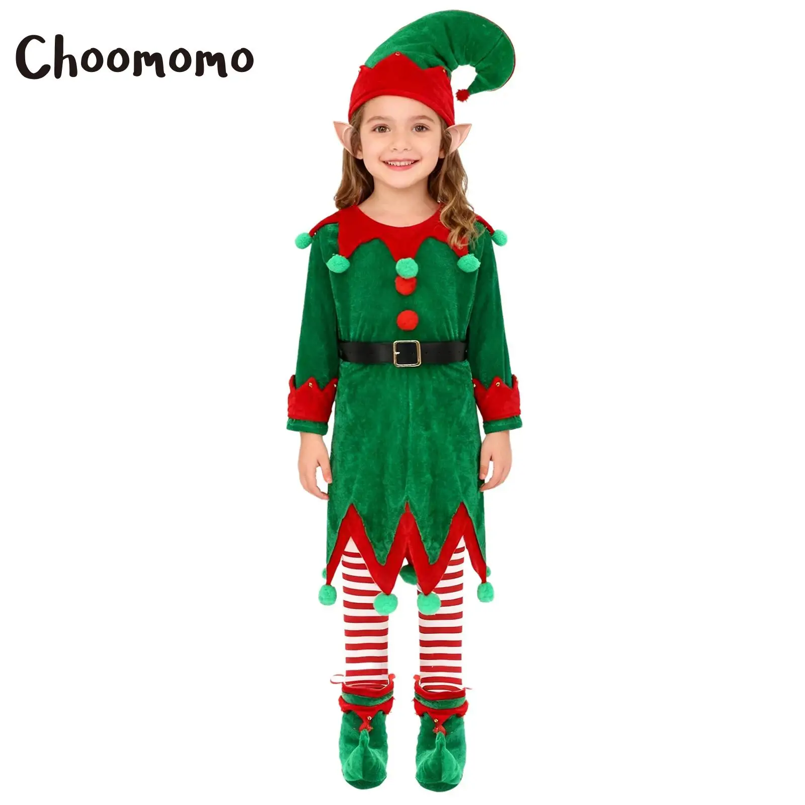 

Kids Girls Elf Christmas Costume New Year Santa Clause Outfits Full Christmas Elf Attire with Hat and Stockings Xmas Party Sets