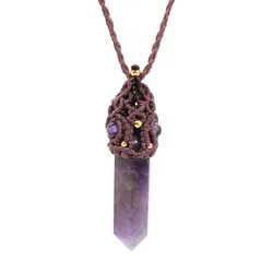 Handmade Thread Rope Wrapped Braided Macrame Chain Necklace For Women Natural Amethyst Crystal Rose Quartz Stone Pendant Jewelry