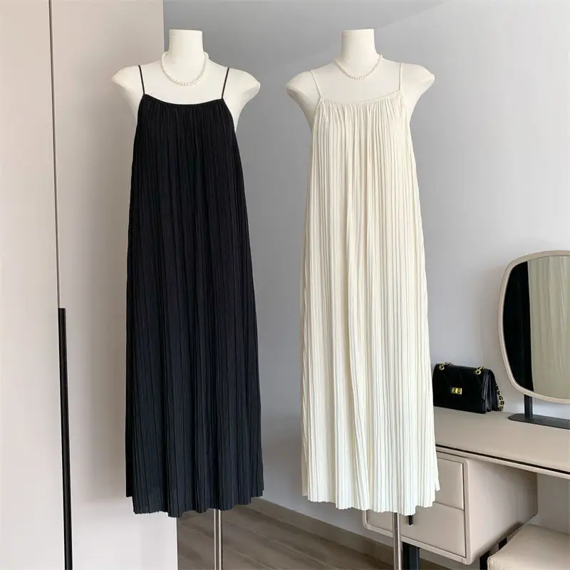 

French Strap Dress Summer 2023 New Sensational Temperament Korean Version Simple Draping Pleated Long Dress