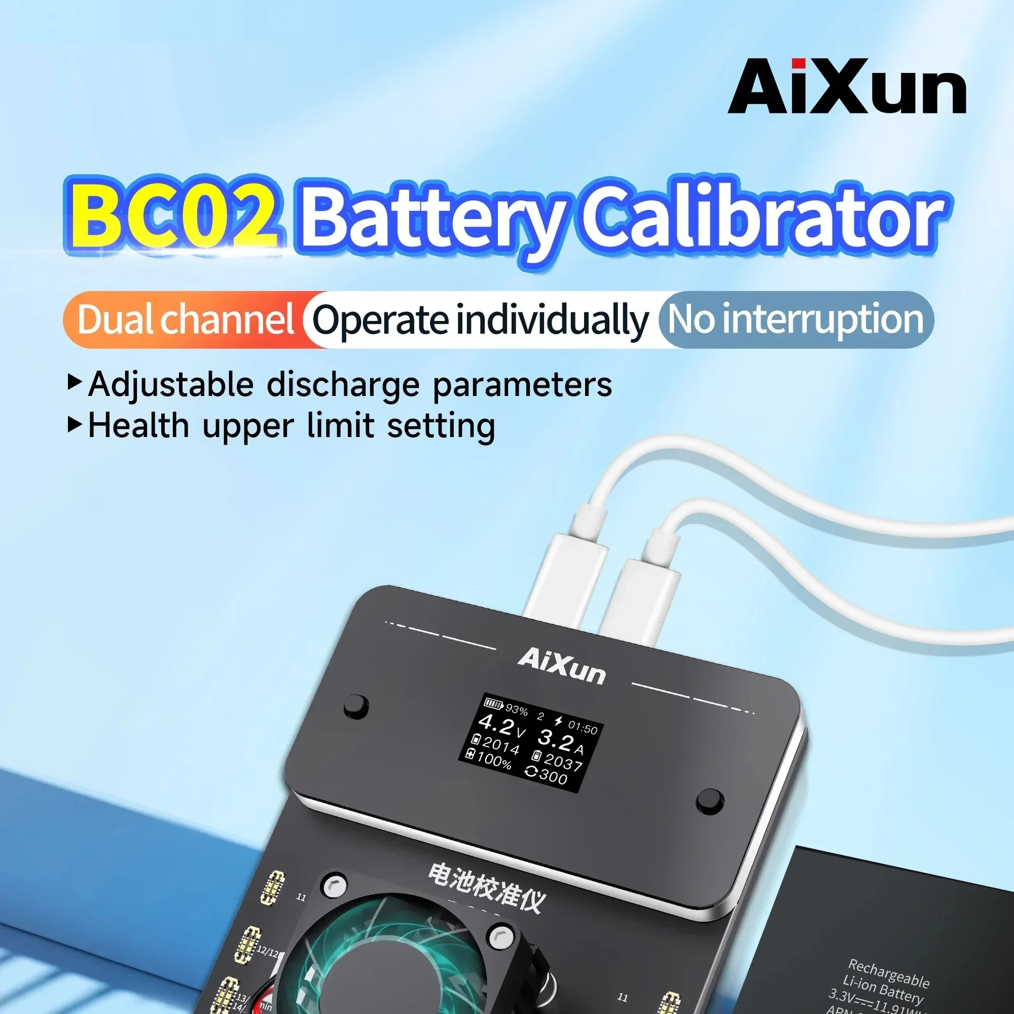 AiXun BC02 Battery Calibrator for IPhone X-14 Pro Max Dual Channel Battery Tool Charge/Discharge Cycle Health 100% Setting