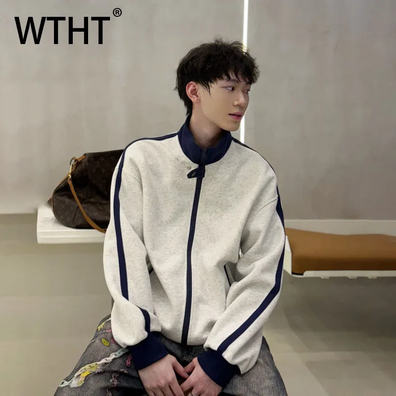 

WTHT модные мужские свободные пальто в полоску контрастного цвета, модные куртки с воротником-стойкой и длинными рукавами, мужские куртки, осень 2021, 2A1890