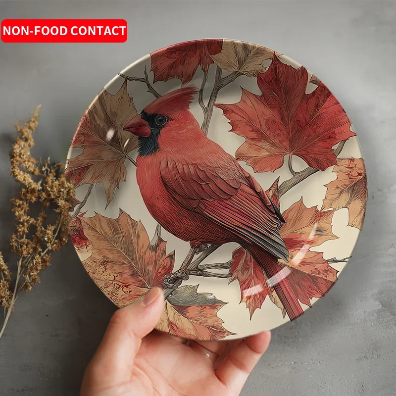 1pc Art Deco Style Ceramic Decorative Plate | Round Shape with Long Necked Bird and Branches Leaves Pattern, Non-Food Contact,