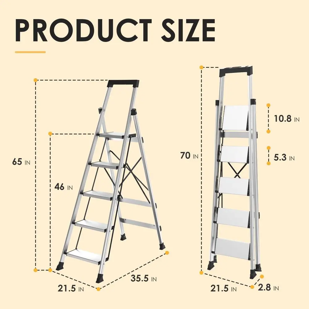 

5 Aluminum Step Ladder, Strudy Ladders for Home with Tool Tray, AntiSlip Folding Step Stool for Adults, Light Weight Portable 3