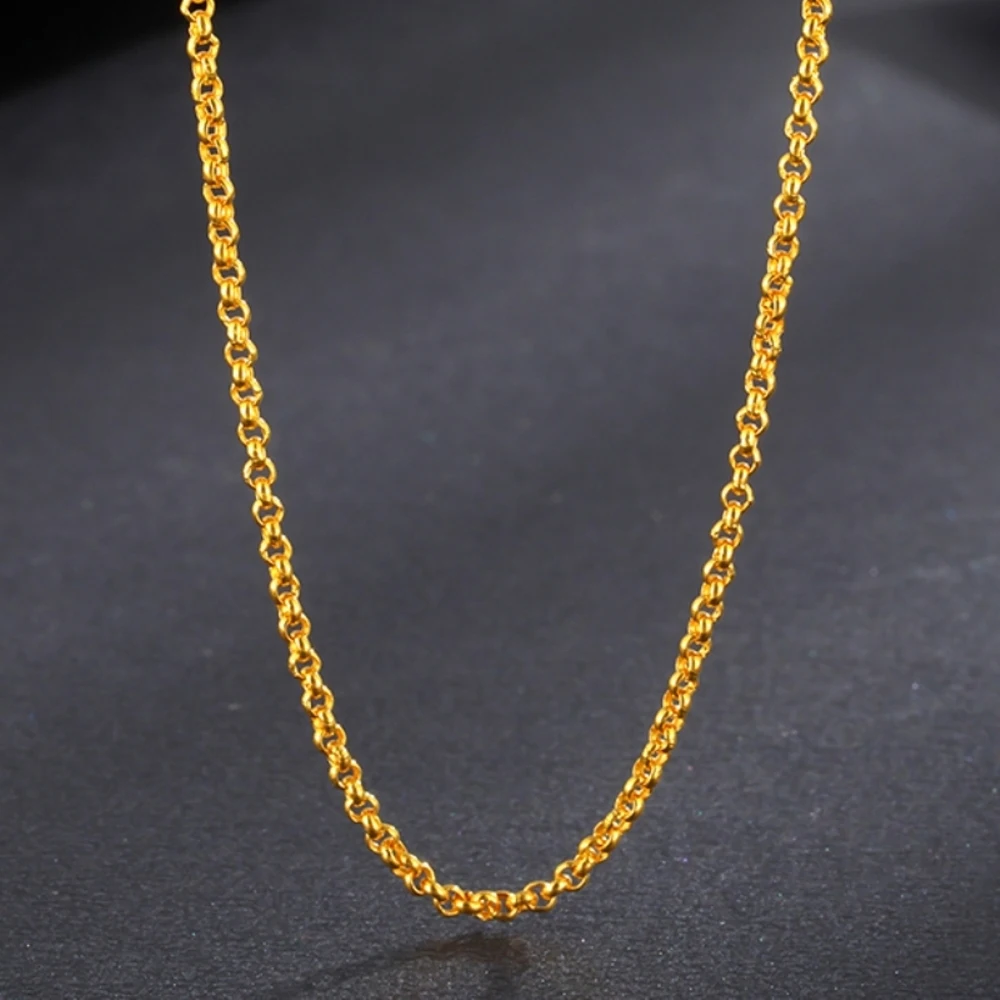 Pure 999 24K Yellow Gold Chain 1.1mm Women Lucky Rolo Cable Link Necklace Wife Gift 40-50cm 16-20inch