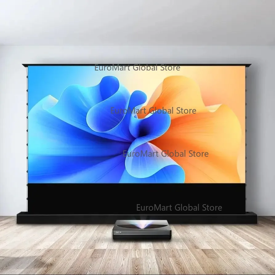 

100 inch120 inch 16:9 Tab-Tension Motorized Floor Rising Projection Screen CBSP PET Crystal ALR Screen for UST Projector Cabinet