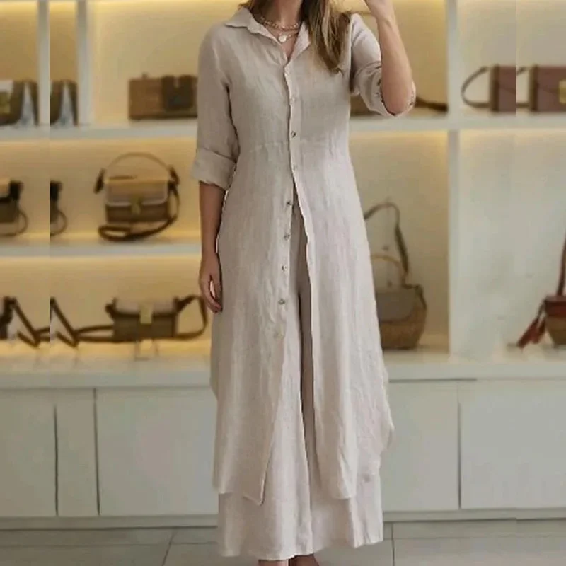 Spring Autumn Cotton Linen Loose 2 Piece Sets Casual Button Long Sleeved Women Outfit Elegant High Waist Straight Trouser Suit