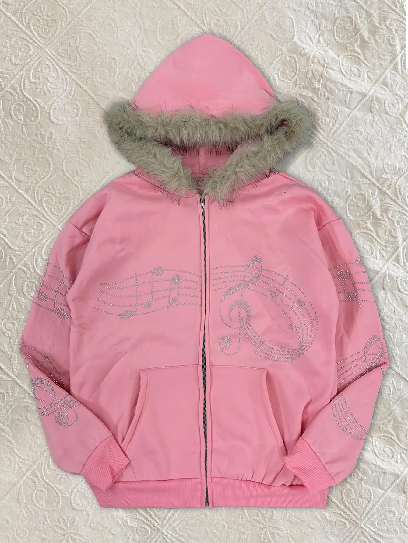 Ladies Pink Zip‑Up Hooded Jacket Faux Fur Trim Hood Music Note Hot Drill Rhinestone Loose Long Sleeve Casual Streetwear Hoodies