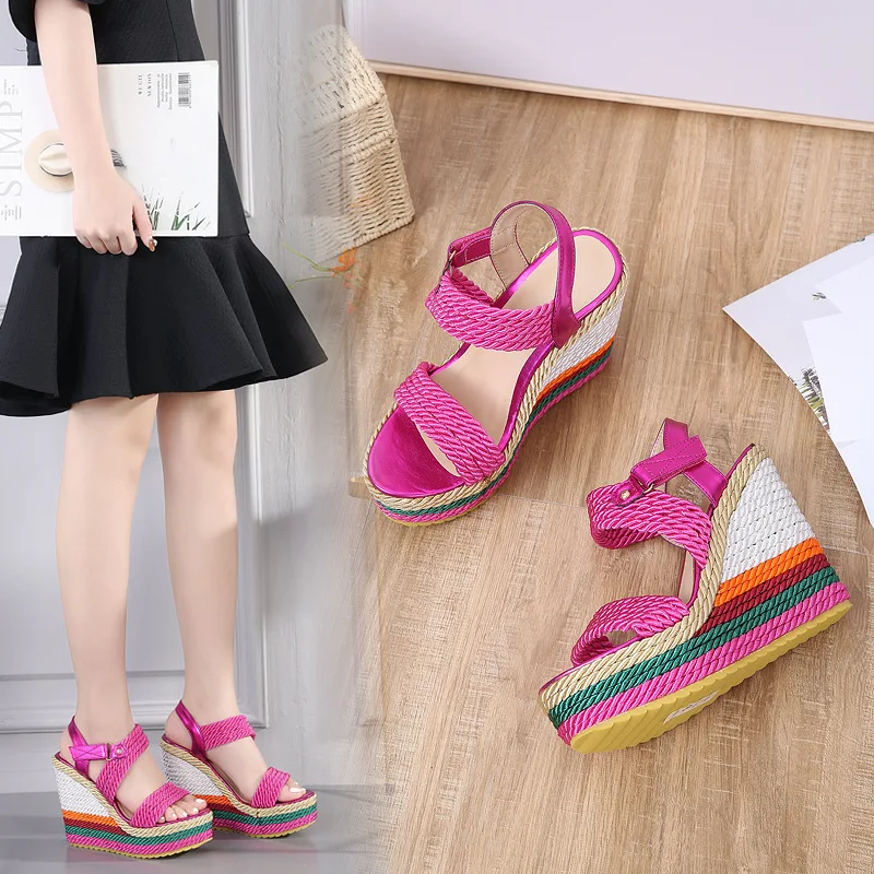 Platform Women Shoes Summer Gladiator Sandals Hemp Rainbow Wedge High Heel Shoes Women Custom Candy Color Weave Sandals WSH4564