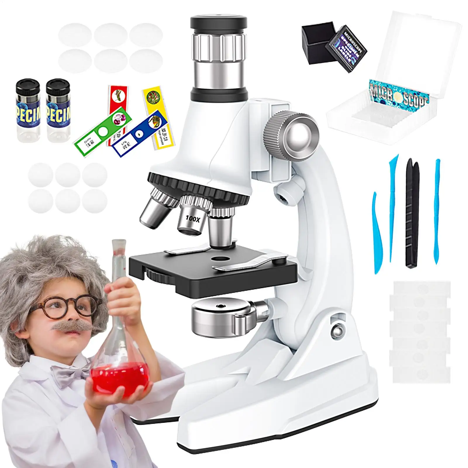 Beginnersmicroscoopset Voorbereide objectglaasjes Leerexperiment Kinderen Microscoop Wetenschapsspeelgoed voor thuislaboratorium Klaslokaal Jongens