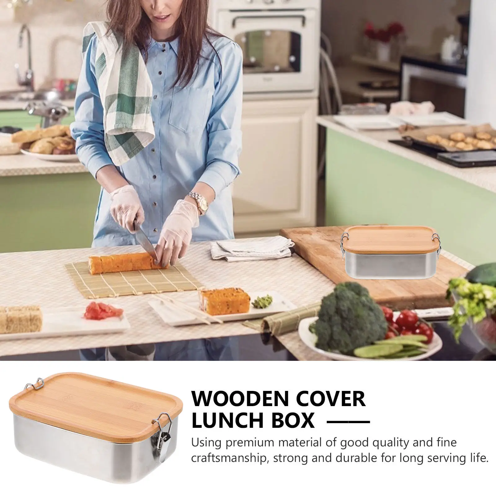 1Pcs Stainless Steel Bento Lunch Box Wood Lid Leakproof Large Capacity Food Container Portable Sealed Carrier for School Work view 2