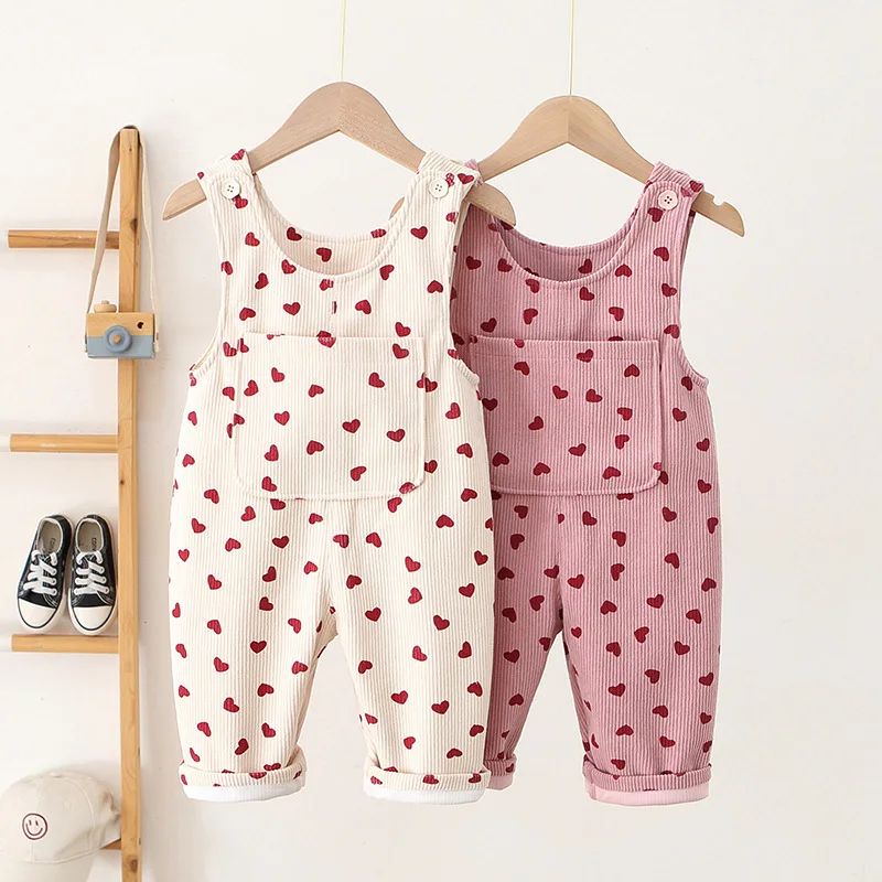 Full Heart Print Kids Baby Trousers Toddler Cute Love Overall 1-4T Autumn Infant Girls Versatile Loose Corduroy Pants