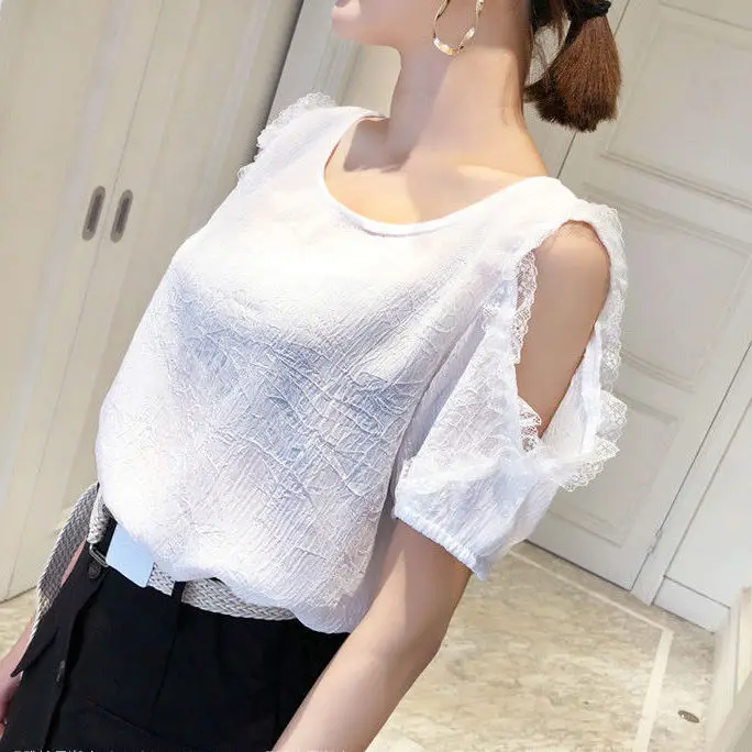 Korte Mouw Bow Off Shoulder Splicing Kanten Blouse Lace Up Plus Size Losse Vrouwelijke Kleding Zoete Pendelen Overhemd Zomer Tops