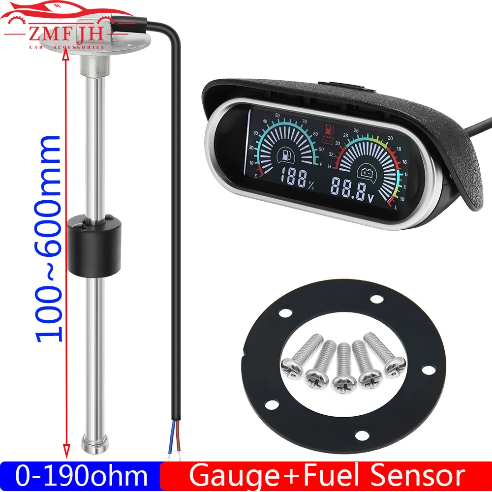 100~600MM Fuel Level Float Sensor+Dual Gauge 0-190 Ohm Fuel Level Gauge/Voltmeter with Alarm LCD Meter for Car Truck DC9-32V