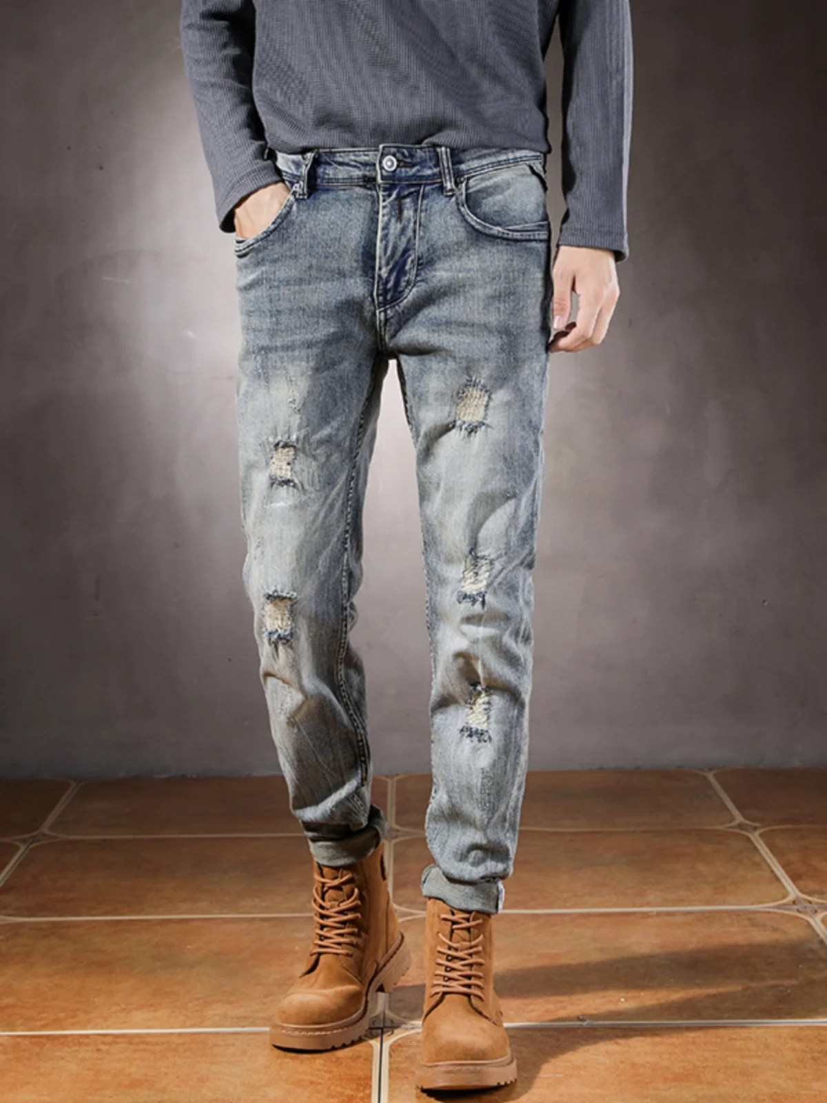 

Мужские джинсы премиум-класса в винтажном стиле с рваными элементами, зауженного кроя, повседневные брюки для весны и осени, новые, износостойкие, хлопковые.