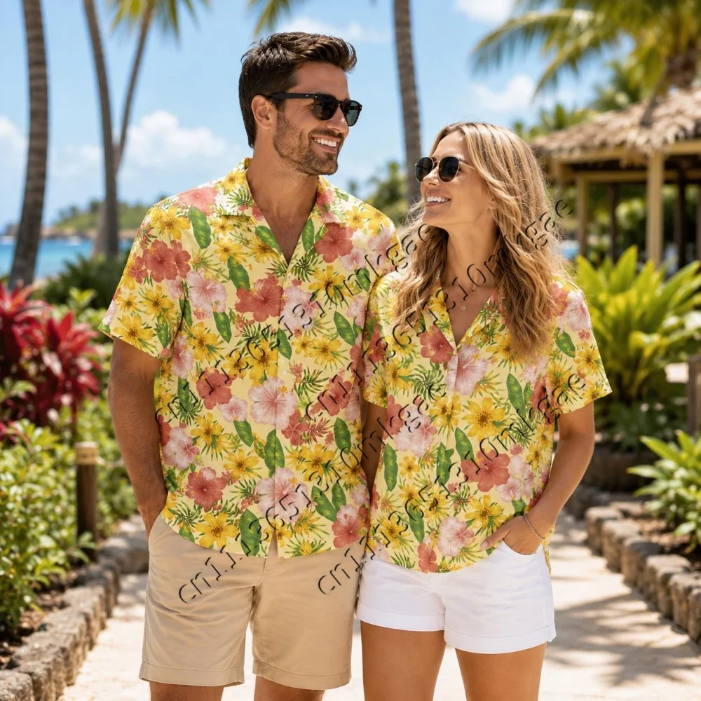 Men Cartoon Print Hawaiian Aloha Shirt Kids Summer Short Sleeve Lapel Button Up Tops Tropical Casual Beach Vacation Loose Shirts