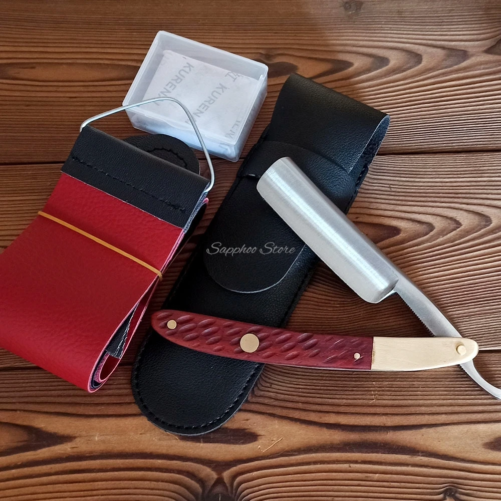 4pcs/set German Carbon Steel Straight Edge Razor 440C Professional Hair Salon Beard Shaver Stainless Steel Red Sandalwood Handle