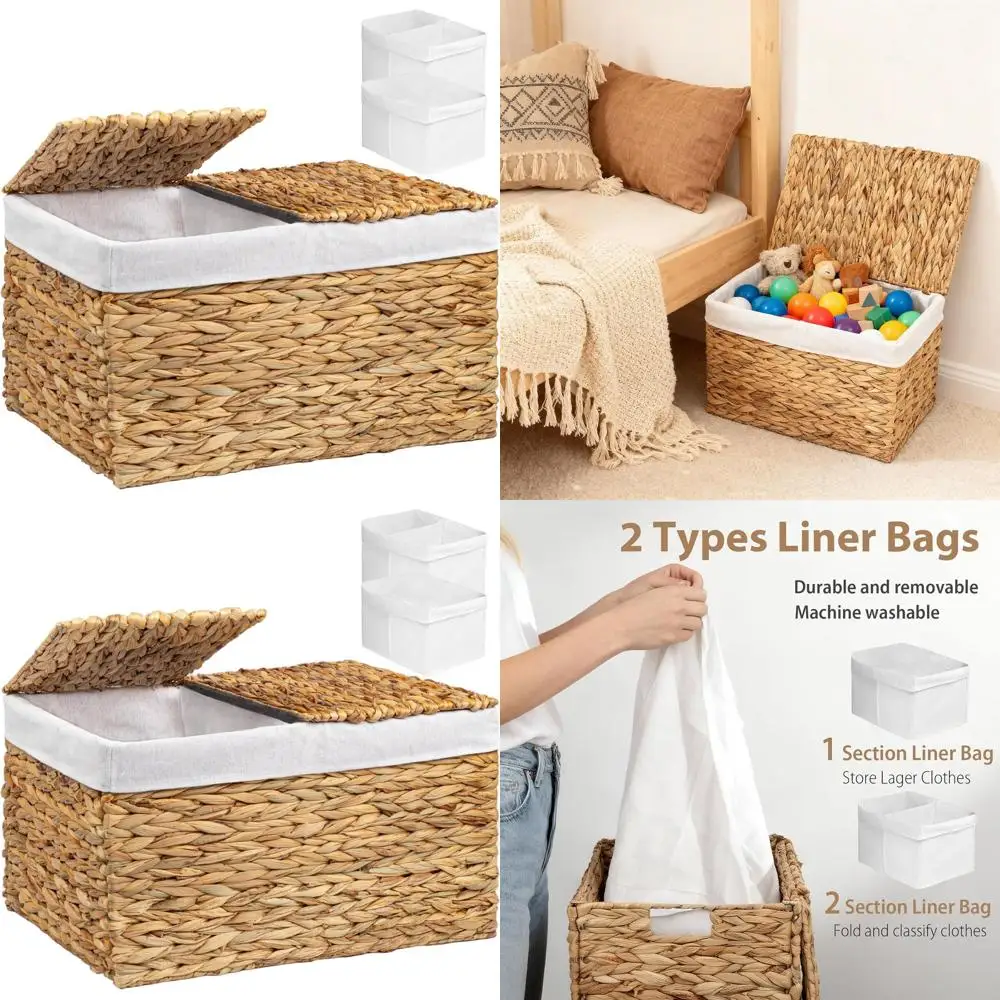 

Большая плетеная корзина для хранения гиацинта с 2 крышками и вкладышами, складная полка-органайзер для одежды, игрушек, одеял в жизни