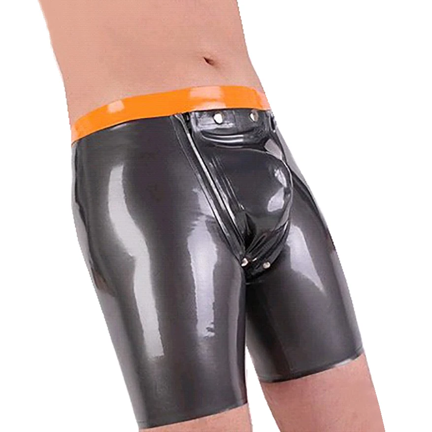 

Latex Men Shorts Rubber Boxer Panties with Removable Crotch Piece Handmade Underpants S-LPM008