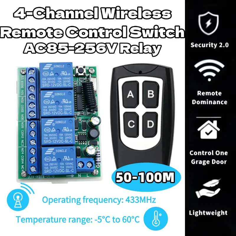 AC220V 10A 4CH Wireless Remote Control Switch Relay Receiving Module and 4-channel RF433MHz Remote Control Transmission