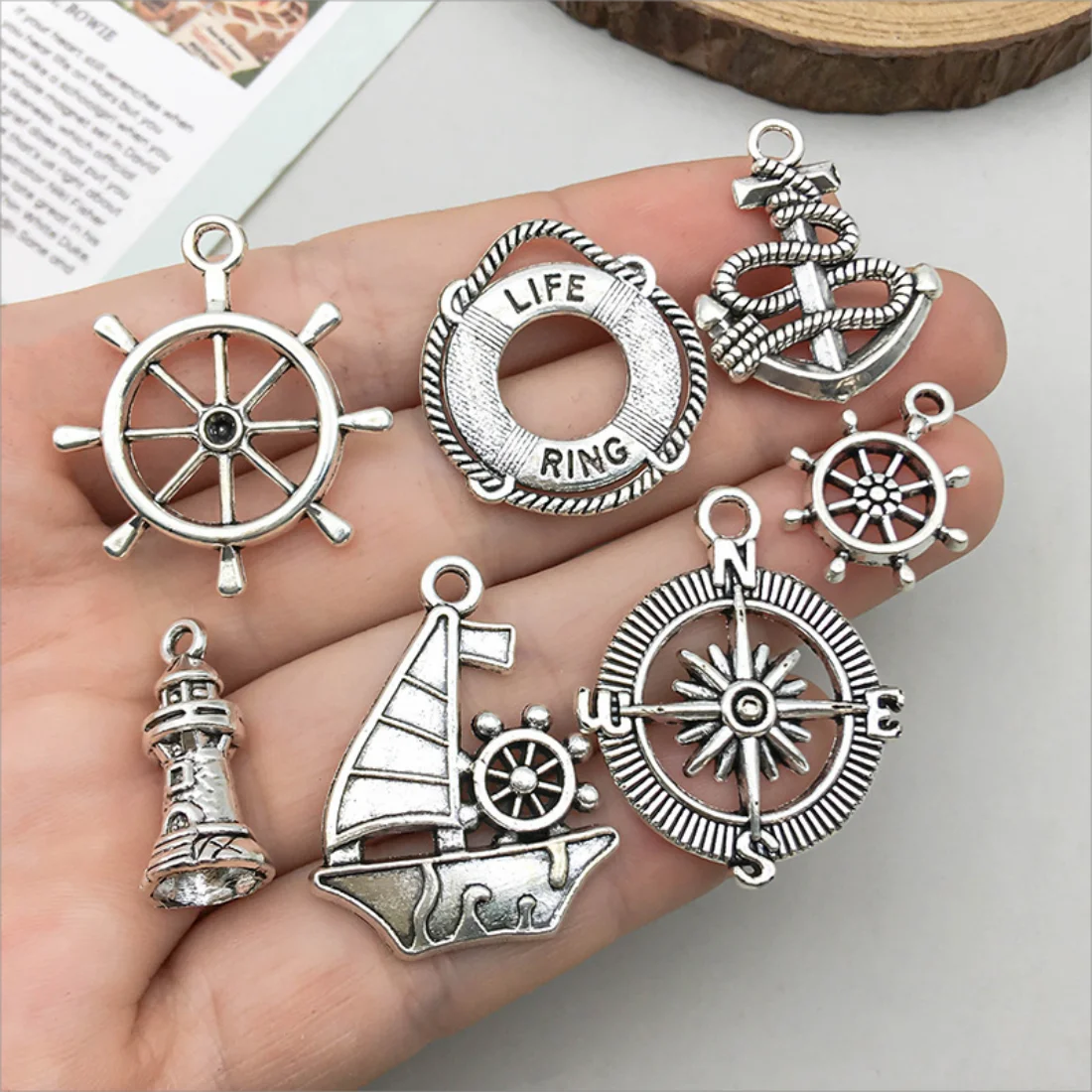 10Pcs Antique Silvery Anchor Rudder Boat Charms Compass Navigation Pendants For DIY Bracelet Supplies Jewelry Making Accessories