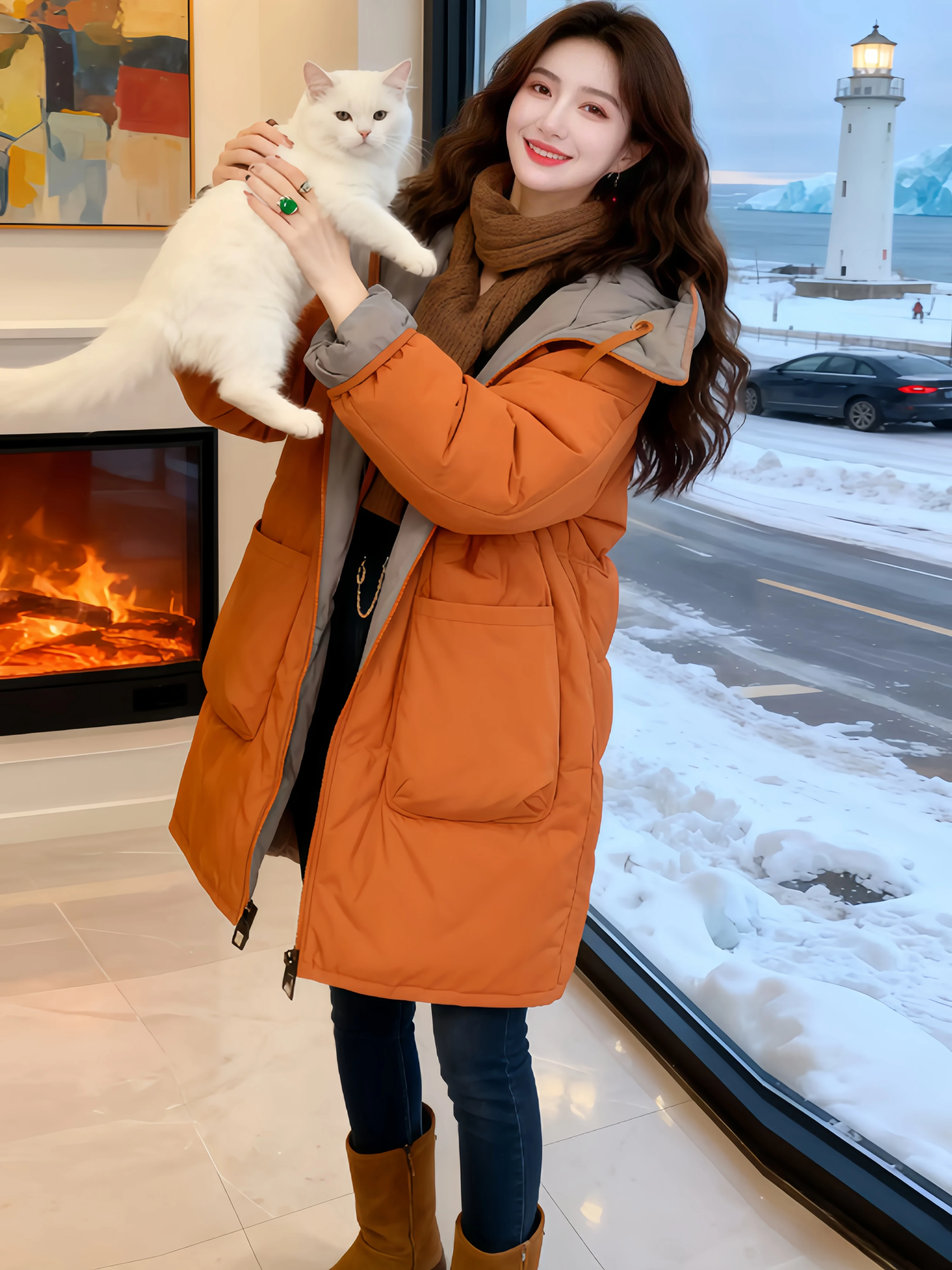 

Women's Thickened Double-Sided Wearable Cotton Parka Winter Fashionable Warm Coat Hooded Jacket Korean Style Loose Fit Long S...