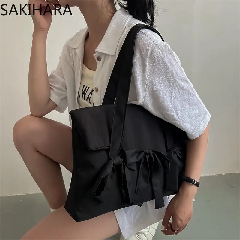 

Sweet Shoulder Bags for Female Large Capacity Black Bow Nylon Fashion Handbag Preppy Solid Color Office Lady Casual Computer Bag