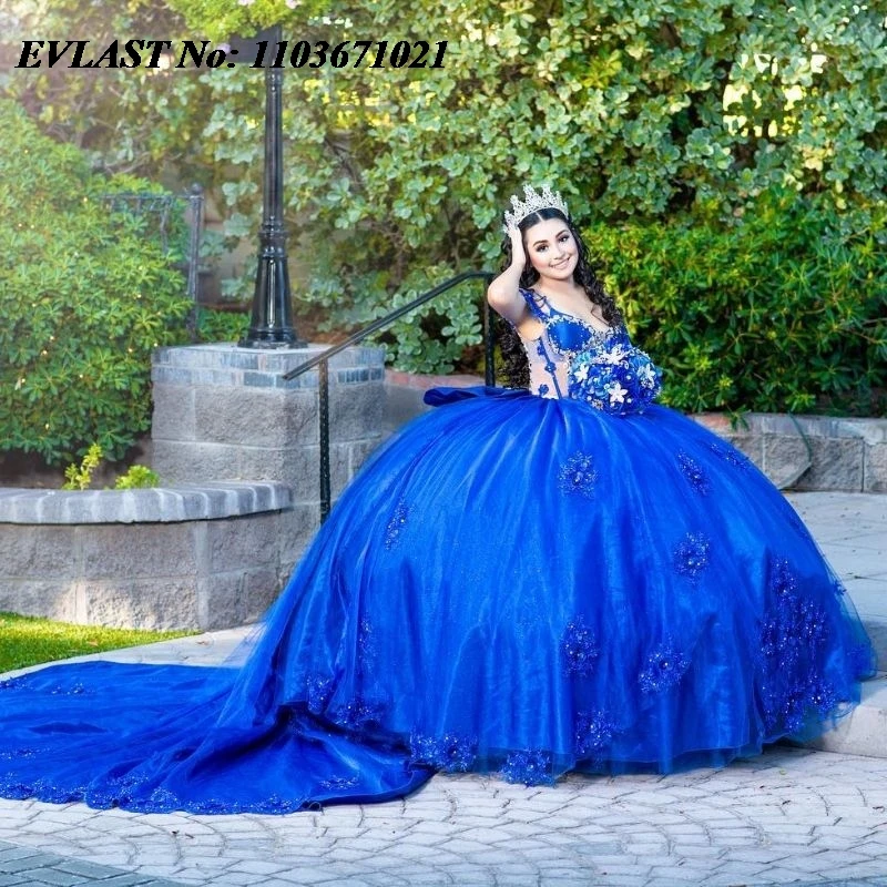 EVLAST, мексиканское Королевское синее бальное платье, платье Quinceanera, Кружевная аппликация, украшенная бисером, бриллианты, милое платье 16 дюймов, SQ200