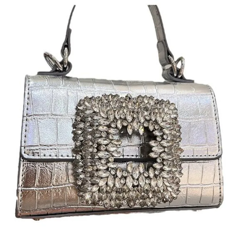 New female bag inlaid with diamond crocodile grain square bag super flash diamond hand bill of lading shoulder crossbody bag