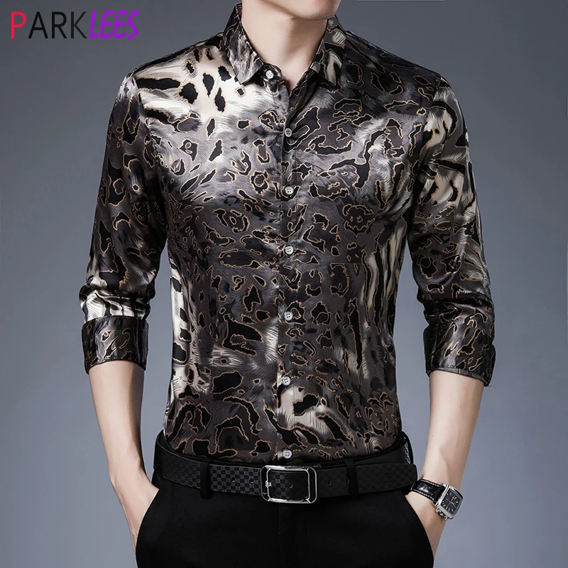 Sexy Leopard Print Silk Like Shirt Men 2023 Luxury Brand New Slim Fit Stain Dress Shirts Mens Party Prom Wedding Chemise Homme