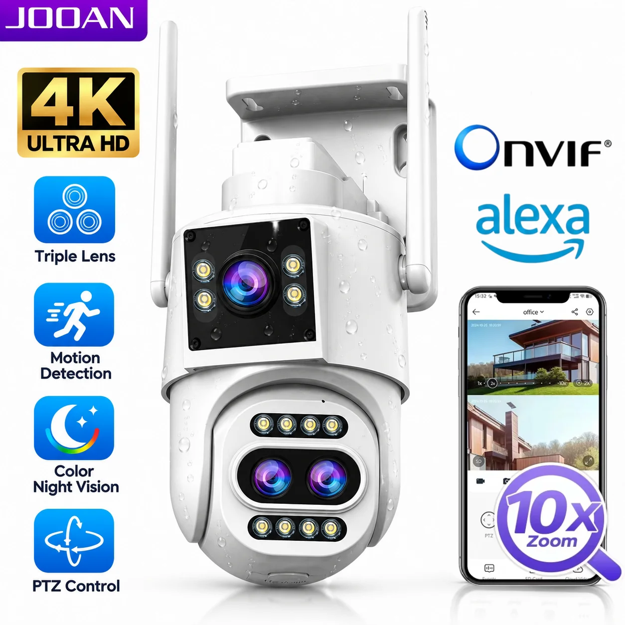 JOOAN 4K Wifi PTZ Camera Outdoor Three-Lens 10X Optical Zoom Security IP Camera Auto Tracking CCTV Video Surveillance Cam