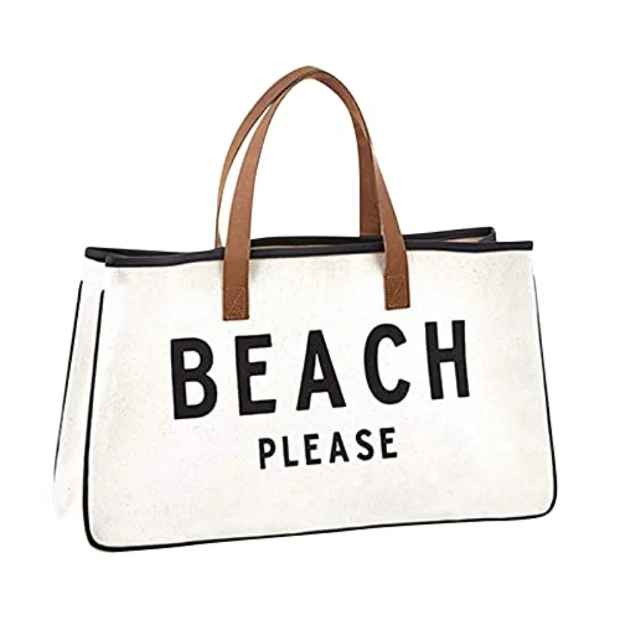 Womens Tote - Cotton Canvas Shoulder Bag with Leather Handles and Waterproof Lining Large Beach Please