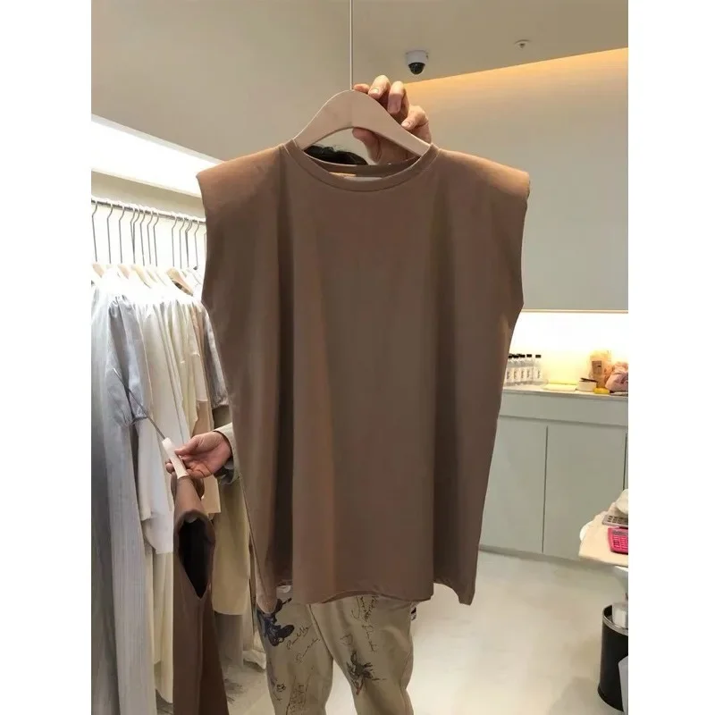 เสื้อกั๊กคอกลมสีทึบสำหรับผู้หญิงใหม่เสื้อแขนกุดแบบลำลองแบบเรียบง่ายเสื้อยืดทรงหลวมเสื้อยืดเสื้อยืด MODE KOREA ฤดูใบไม้ผลิฤดูร้อน