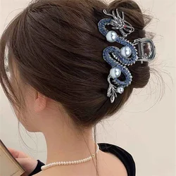 2024 New Fashion Metal Zodiac Pearl Dragon Shape Medium Claw Clip Women Personality Trend Versatile Shark Clip Hair Accessories