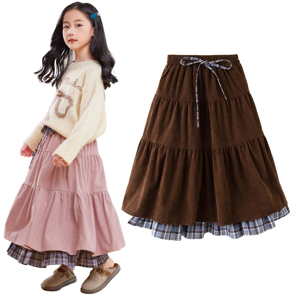 Autumn Winter Girl Skirt Maxi Plaid Long Length Skirt Corduroy Plus Size Cottagecore Vintage Retro Style Kid School Cloth 3-12Y