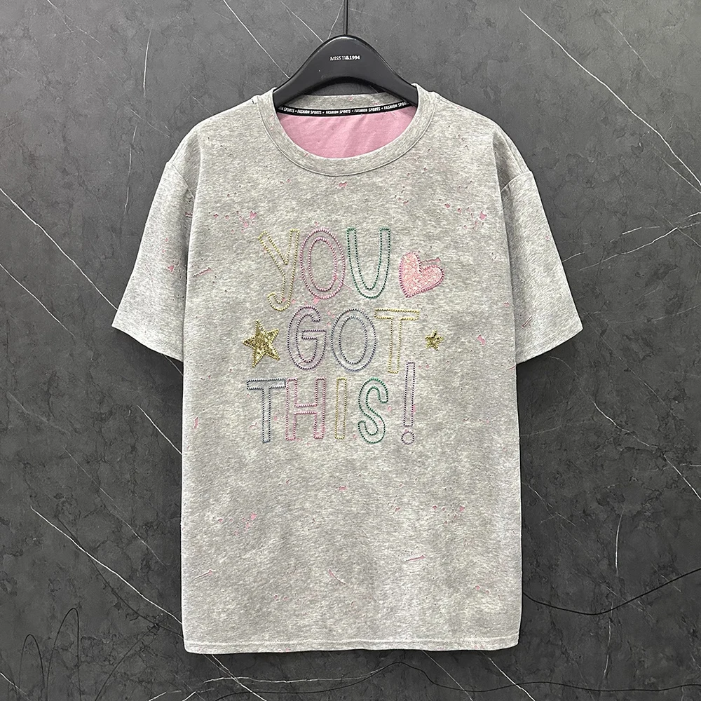 

Plus Size Top 2025 Summer New Design Embroidered Letter Short Sleeved T-shirt Women Loose Casual