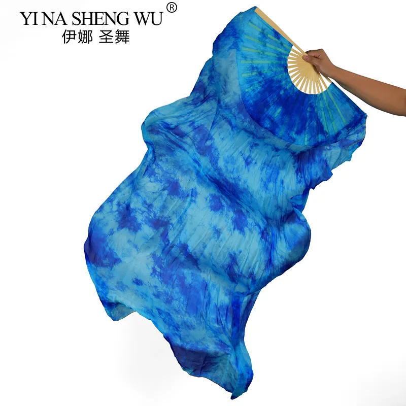 Handmade seda tie dye fãs para performance de dança do ventre, véu de bambu natural, bambu real, alta qualidade, 1 par