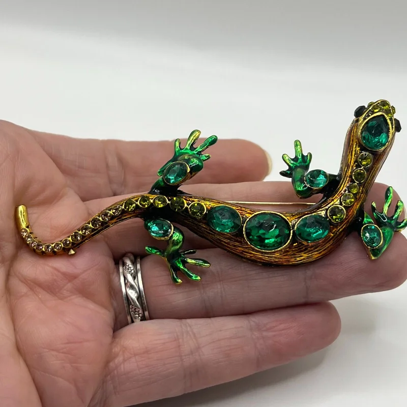 Women\'s Vintage Lizard Enamel Brooch Women\'s Coat Fashion Crystal Animal Solid Color Pins Emblem Suit Clothing Button Gift