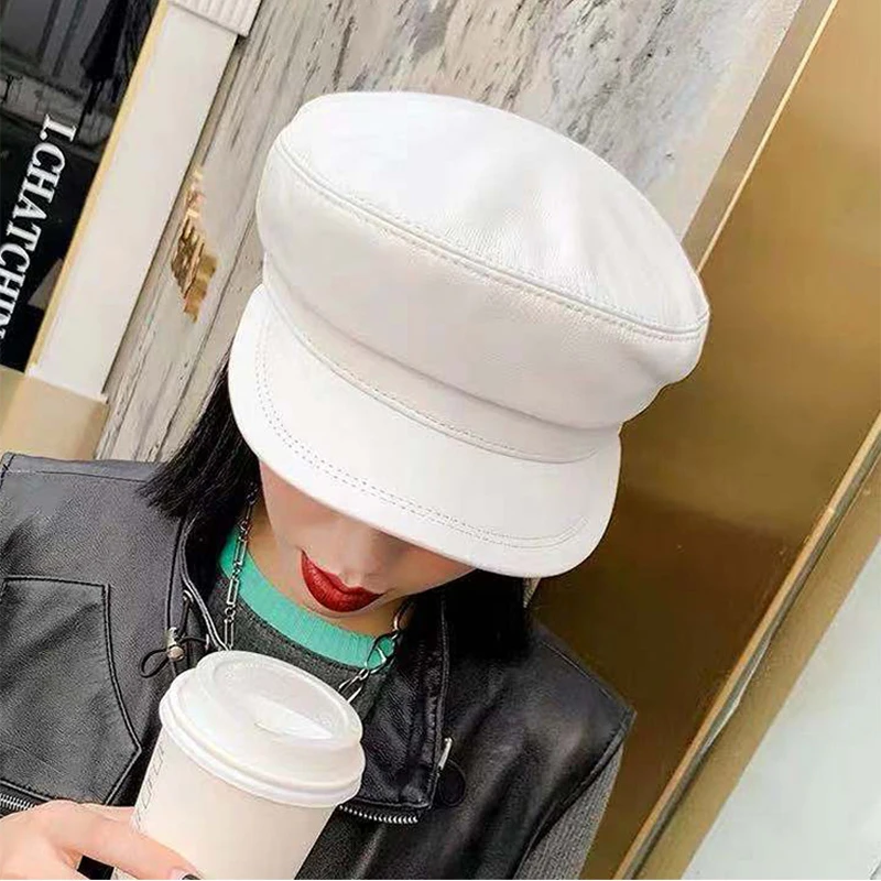 Military Hat Men Women European/American Fashion Genuine Leather Caps Male Casual White/Black Flat Top Navy Army Hat