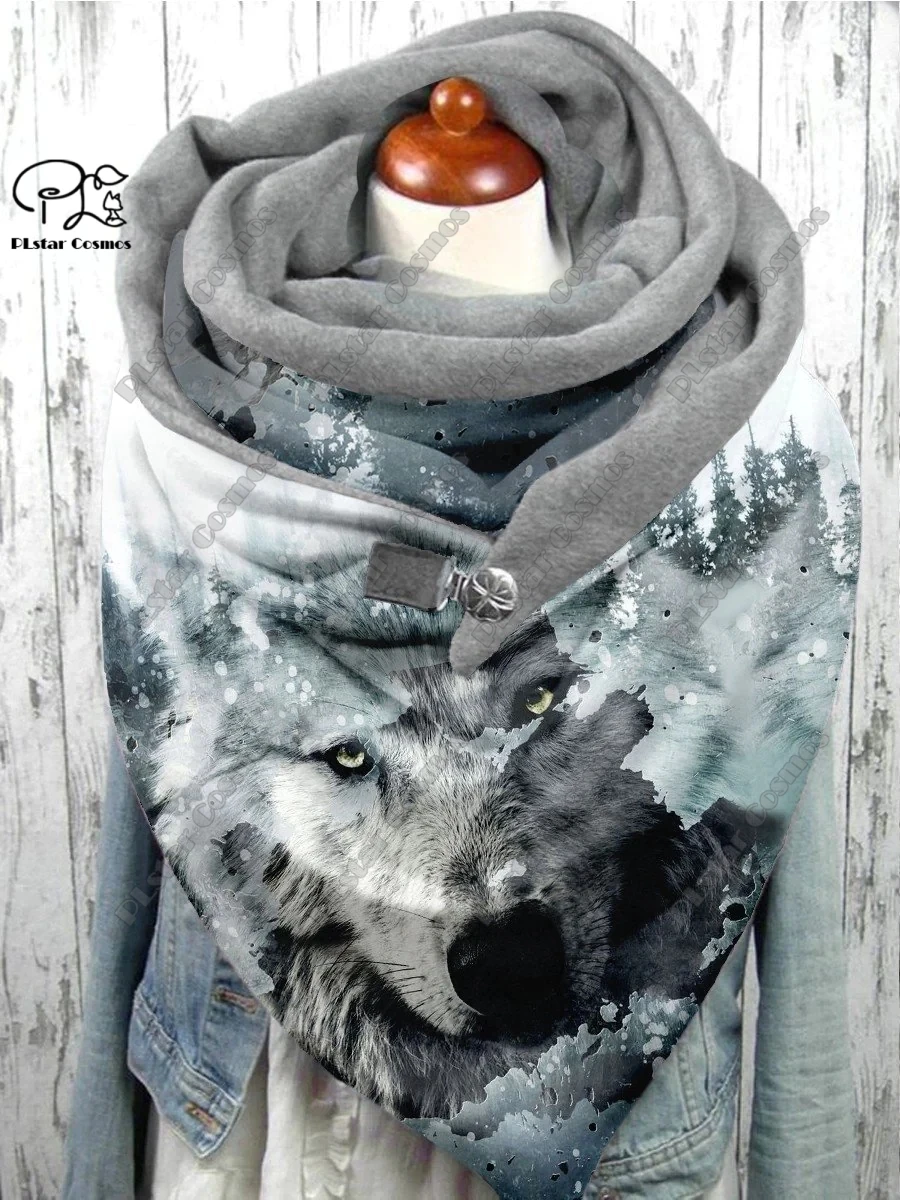 PLstar Cosmos 3D printed animal series cute wolf king pattern printed warm shawl scarf spring and winter large triangle scarf