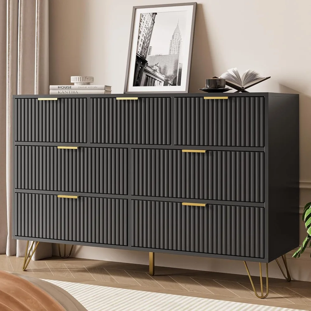 Black Dresser for Bedroom, 7 Drawer Dresser with Gold Pulls, Wide Chest of Drawers for Bedroom, Entryway, 47.2 L x 15.7 D x 31.4