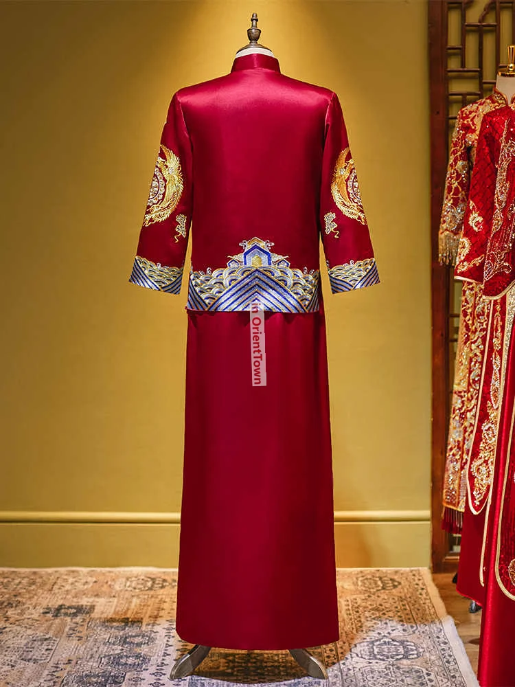 ملابس Xiuhe العريس التقليدية للرجال لحفلات الزفاف الصينية ملابس نخب + رداء رجالي تنين فينيكس مطرز تانغ زي