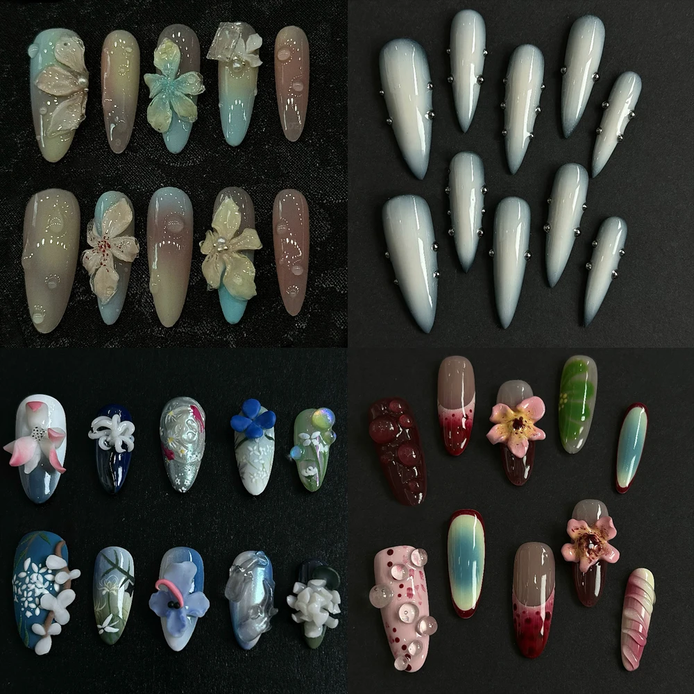 

High Quality Acrylic Press On Nails Art 3D Ice Cannibal Flower Carving Lotus Goldfish Handmade Blush Almond Nails Party Sticker