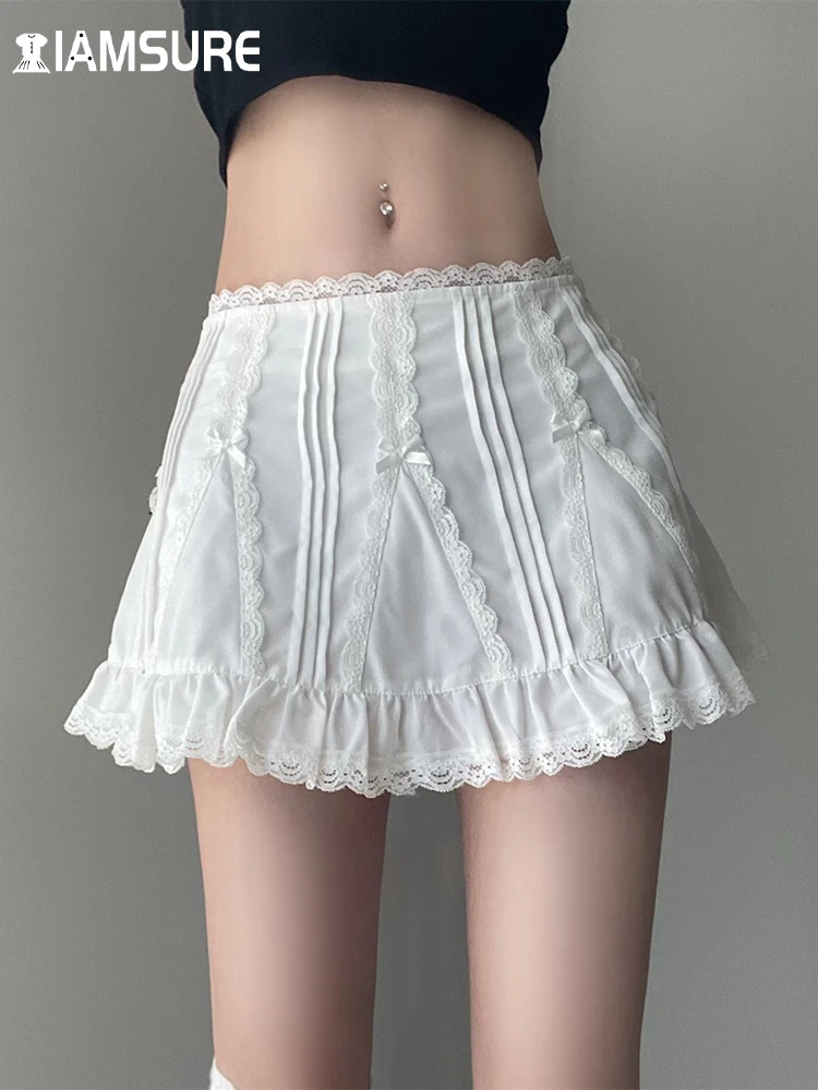 

IAMSURE Casual Slim Solid Lace A-Line Skirt Coquette Style Bow Mid-Waisted Mini Skirts Women 2023 Summer Fashion Streetwear Lady