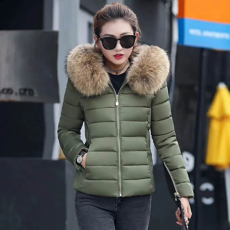 2024 New Winter Women Parka Coats Cotton Casual Fur Hooded Jackets Thick Warm Slim-fit Jacket Female Overcoat Clothing