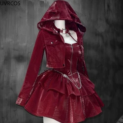 Y2k Aesthetic 2 Peices Set Streetwear Halter Solid Zipper Sexy Dress Crop Hooded Jackets Women Vintage Coat Gothic Punk Outfits