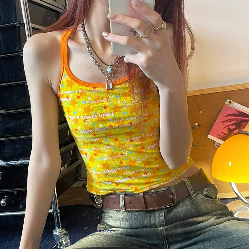 Summer New Casual Y2K Yellow Halter Vintage Star Short T-Shirt Sleevle Crop U-neck Halter Top Women Clothes Shirt Camis 2000s