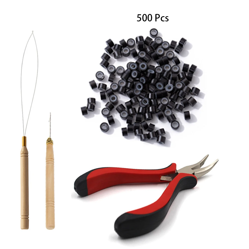 Hair Extension Kit Pliers Pulling Hook Bead Device Tool Kits and 500PCS Silicone Lined Micro Rings For baton hair extensions