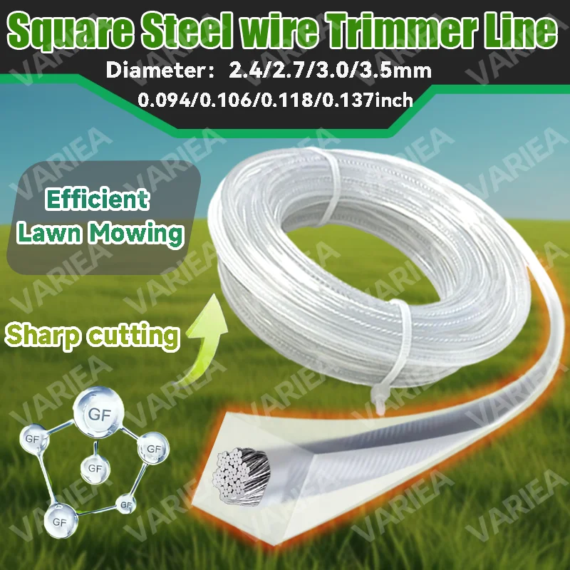 VARIEA-2pcs-2.4/2.7/3.0/3.5mm * 196.85 inches, square-shaped steel wire nylon trimming line, sharper and more durable